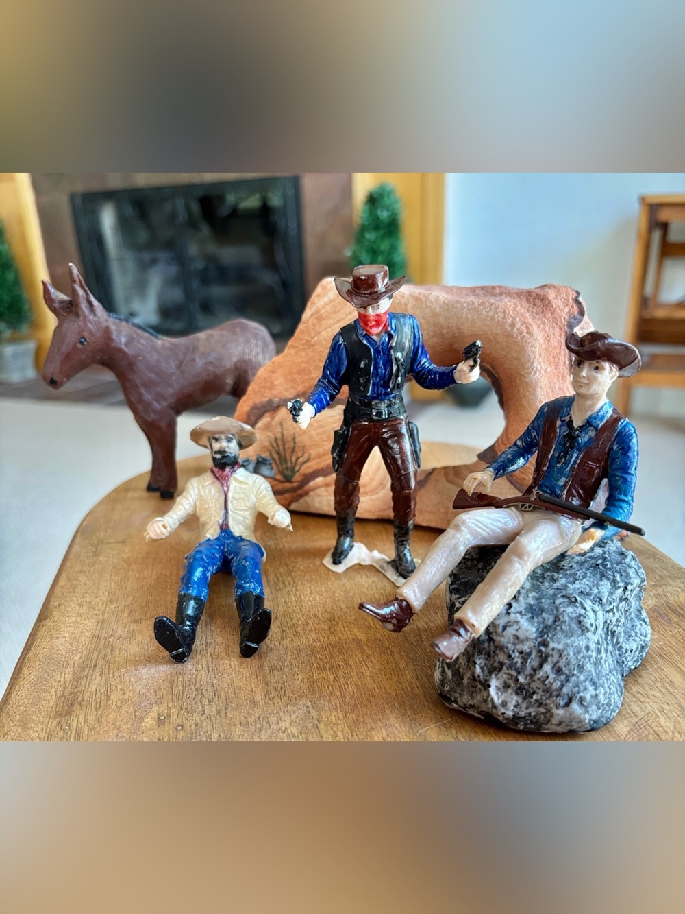 Vintage Molded Plastic Western Cowboy Figurine Set & Carved Wood Donkey